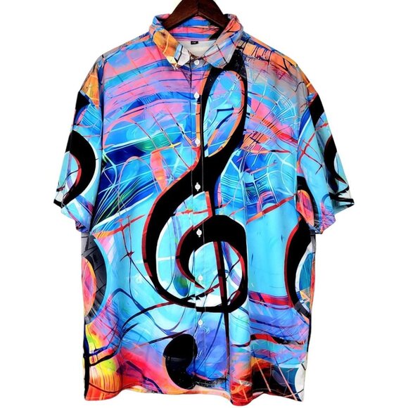 Mens 1XL Button-Up Short-Sleeve Vibrant Music Note Multicolor Abstract Print - Picture 2 of 12